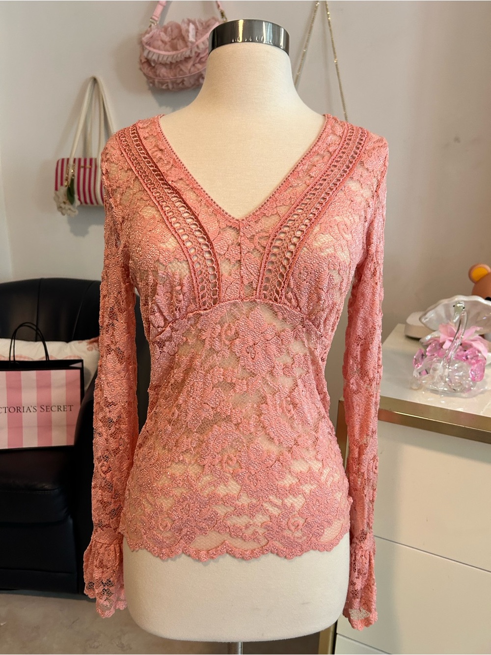 Moda International Victorias Secret Lace V-Neck Long Sleeve Top in Dusty Rose